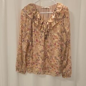 LOFT Floral Ruffle Blouse - Gold and Pink